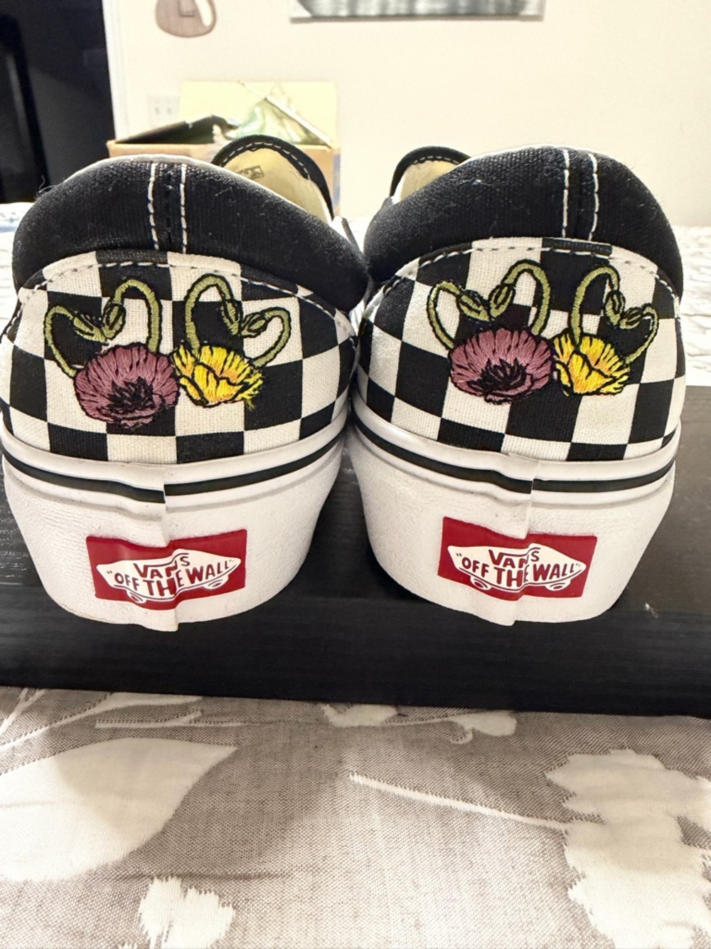 NEW. Vans Slip-On Sneakers with Checkerboard Floral Print - Black/White/Yellow - Picture 4 of 6